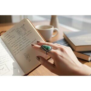 Sterling Silver 925 Green Malachite Teardrop Ring Boho Southwestern